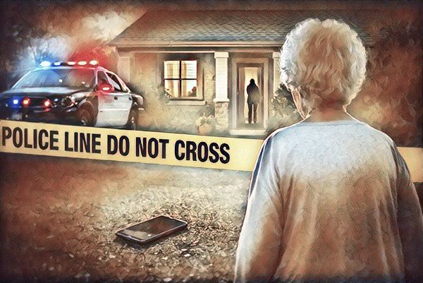 a crime scene with police and an elderly woman at the crime scene