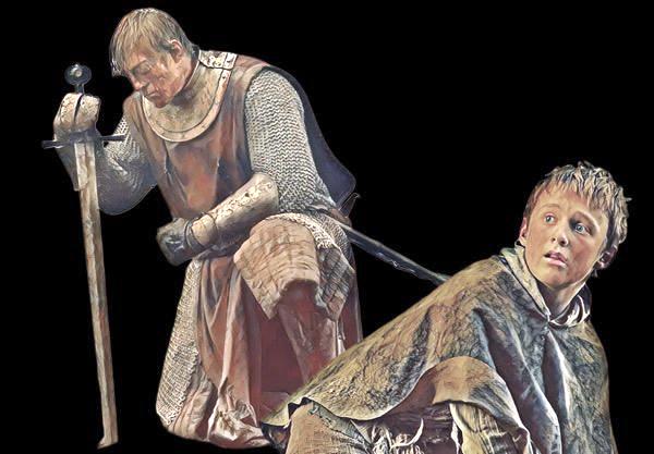 Ser Duncan the Tall kneeling and young Dunk in Flea Bottom in A Knight of the Seven Kingdoms